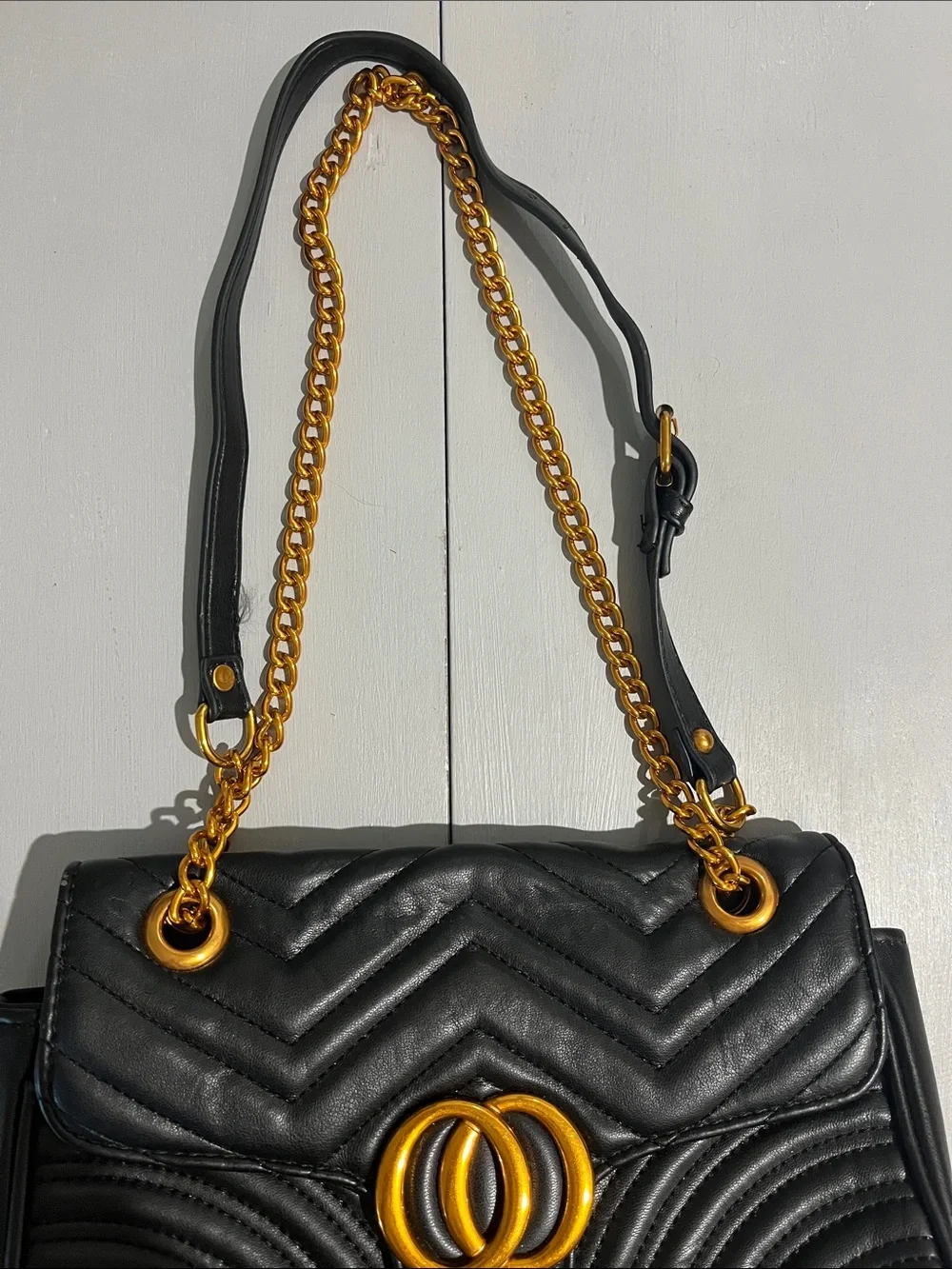 Black Quilted Chain Shoulder Bag with Gold Hardware